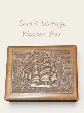 Carved Wooden Box with‎ Ship Motif - Brown